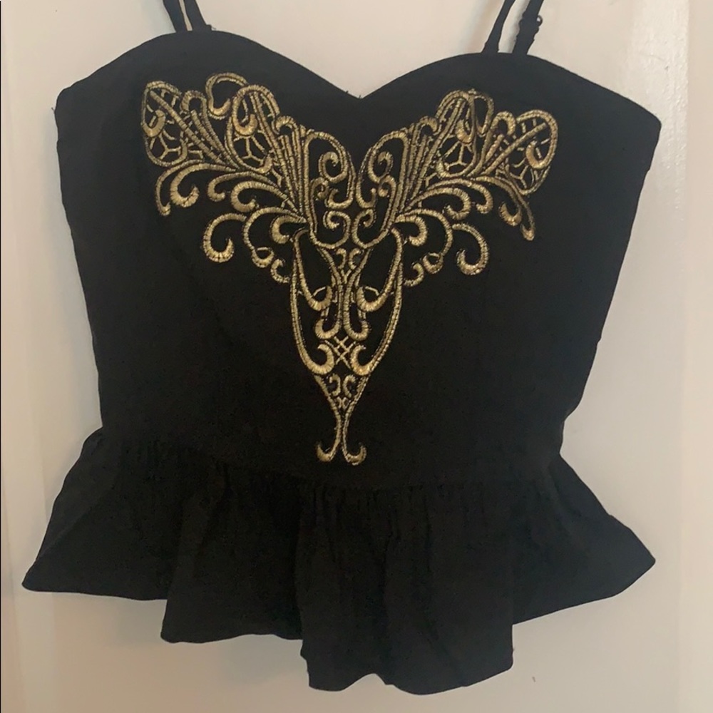 Black Peplum Top with Gold Jaquard Front